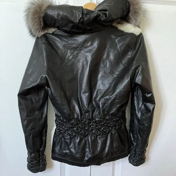 Biogonti View Black  Leather & Fur Jacket Y2K Style Winter Coat Glamorous Short - Picture 6 of 9